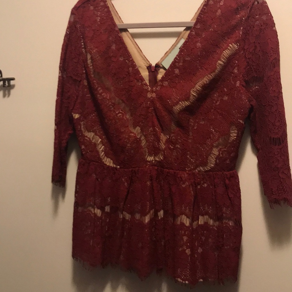 Burgundy lace Anthropologie peplum top